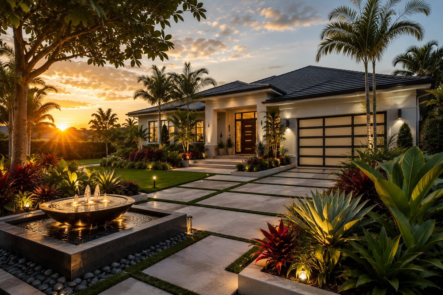 Modern luxury home at sunset with tropical landscaping, fountain, palm trees, and glass garage door