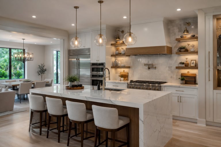 Modern kitchen with white cabinetry, marble island, wooden shelves, pendant lights, and seating for three at the counter
