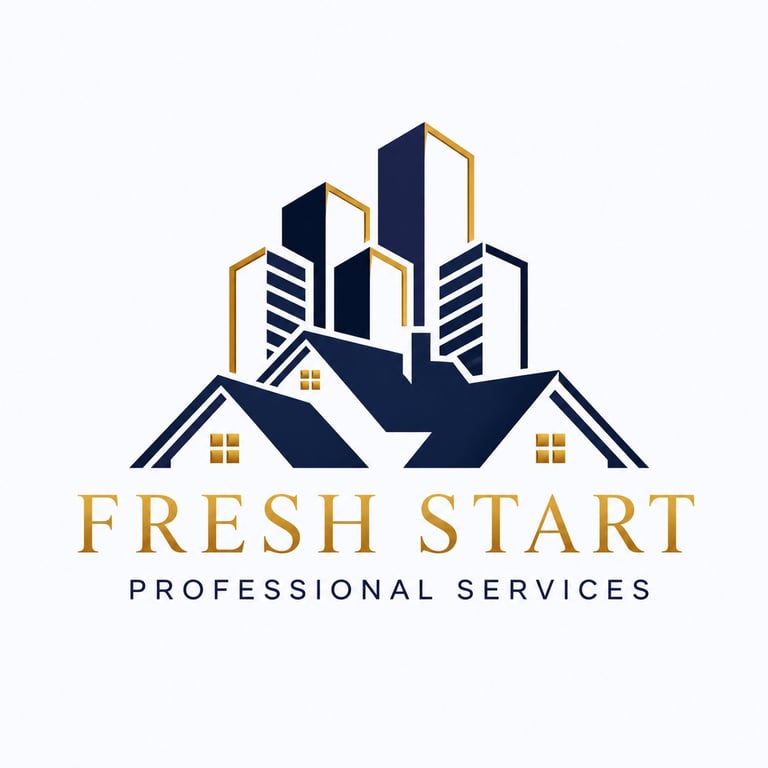 Fresh Start Professional Services logo featuring stylized buildings in navy and gold with residential windows