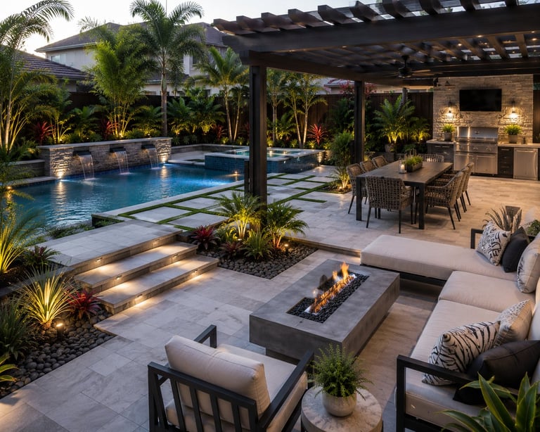 Luxury backyard with illuminated pool, fire pit, patio seating, dining area under pergola, and tropical landscaping at night