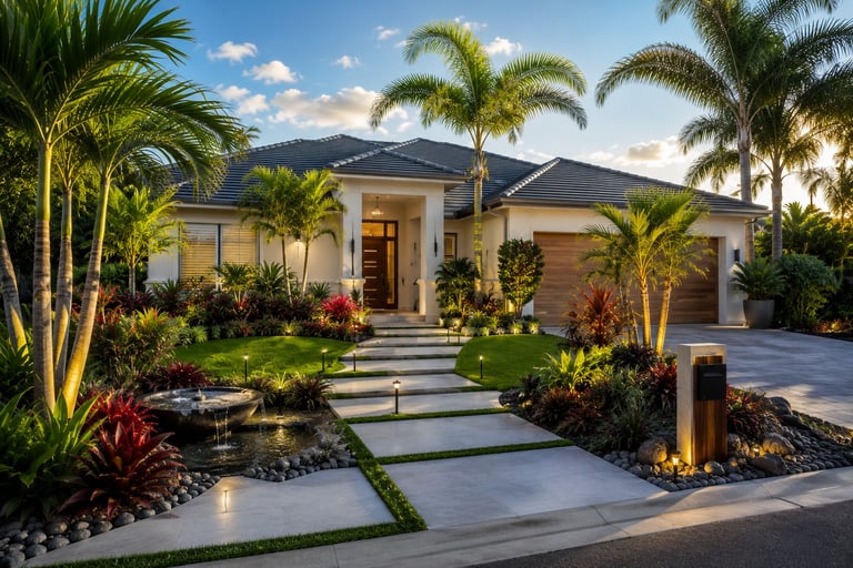 Modern luxury home with white exterior, palm trees, tropical landscaping, concrete walkway, and two-car garage in residential driveway